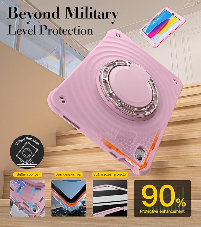 BRAECN Ripple Case for iPad (A16)11th/10th Generation 11/10.9 inch 2025/2022 Zinc Alloy Handle Ring Stand Protective Heavy Duty Screen Protector 360°Rotating 180°Folding Shoulder Strap Full-Body Cover