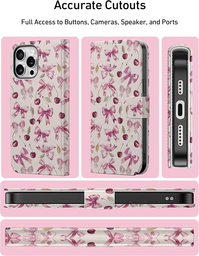 DEENAKIN for iPhone 15 Pro Max Wallet Case with Card Holder + Cash Clip, RFID-Blocking, Military-Grade Drop Protection, Magnetic Closure with Leather Kickstand - Cherry & Bowknot