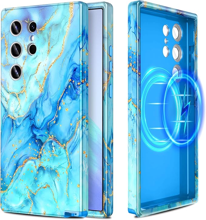 Casetego for Galaxy S24 Ultra Case,Compatible with MagSafe,[Military Grade Drop Test] Full Body Protection Slim Shockproof Rugged Marble Women Case for Samsung Galaxy S24 Ultra 6.8 inch,Light Blue