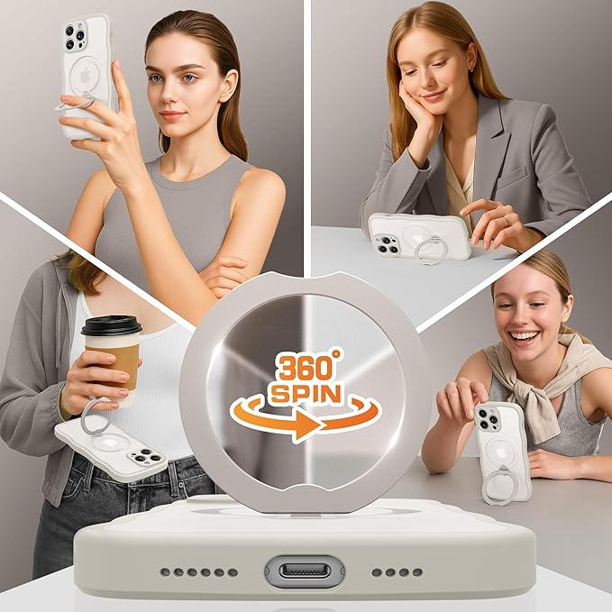 GolbinBox for iPhone 14 Pro Max Case for Women,[Compatible with Magsafe][360° Spin Magnetic Stand][Cute Wave Edge][Military-Grade Protection] Translucent Matte Phone Case for iPhone 14 ProMax, Stone