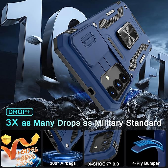 DEERLAMN Case for Samsung Galaxy S24+ Plus with Slide Camera Cover+Screen Protector (1 Pack), Rotated Ring Kickstand Military Grade Shockproof Protective Cover-Navy Blue
