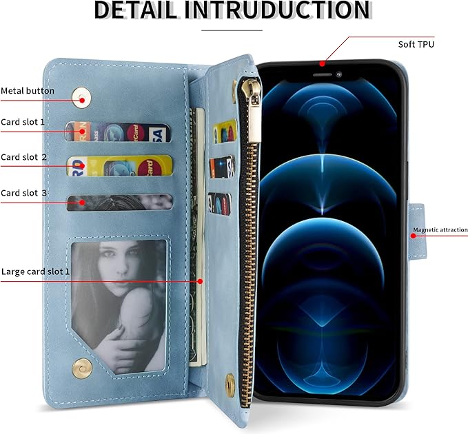 ZZXX for iPhone 12 Pro Max Wallet Case with Card Slot Premium Soft PU Leather Zipper Flip Folio Wallet with Wrist Strap Kickstand Protective for iPhone 12 Pro Max Case Wallet(Light Blue 6.7 inch)
