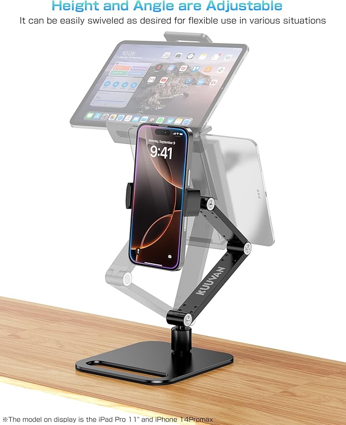 Tablet Stand Holder for iPad, Portable Monitor Stand Holder 15.6'',17.3'', Aluminum Alloy Foldable Arm Mount with 360° Swivel Desk Mount Compatible with 4.7-17.3inch Tablet, Cell Phone (Black)