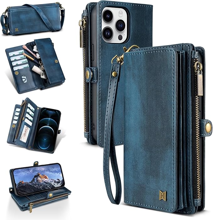 for iPhone 11 Pro Max Wallet Phone Case with 8 Card Holder,RFID Blocking | PU Leather | Kickstand | Flip | Wrist Strap&Shoulder Strap | Shockproof | Zipper Wallet | Women Men | 6.5" | Blue