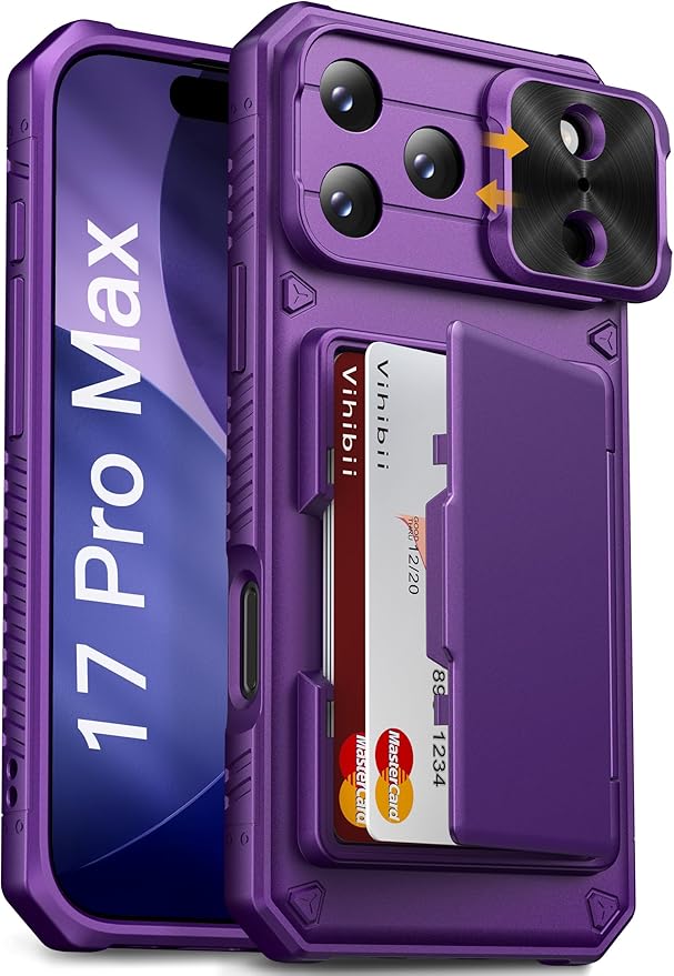 Vihibii for iPhone 17 Pro Max Case Wallet with Card Holder (4 Cards) [RFID Blocking] & Slide Camera Cover, Military Grade Drop Protection, Hard Back & Silicone Edge Phone Case 6.9" 2025, Dark Purple