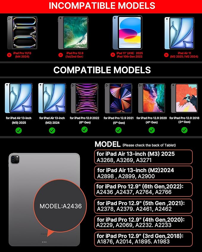 typecase Keyboard Case for iPad Air 13(M3 2025 / M2 2024) and iPad Pro 12.9 (6th, 5th, 4th, 3rd Gen),Magic Keyboard for iPad Pro 12.9,Keyboard Case with Multi-Touch Trackpad, 11 Colors Backlight,Black