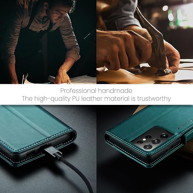 AUPAI for Samsung Galaxy S21 Ultra Wallet Case with Credit Card Holder, PU Leather RFID Blocking Folio Flip Kickstand Magnetic Clasp Protective Phone Cover for Women Men Cyan