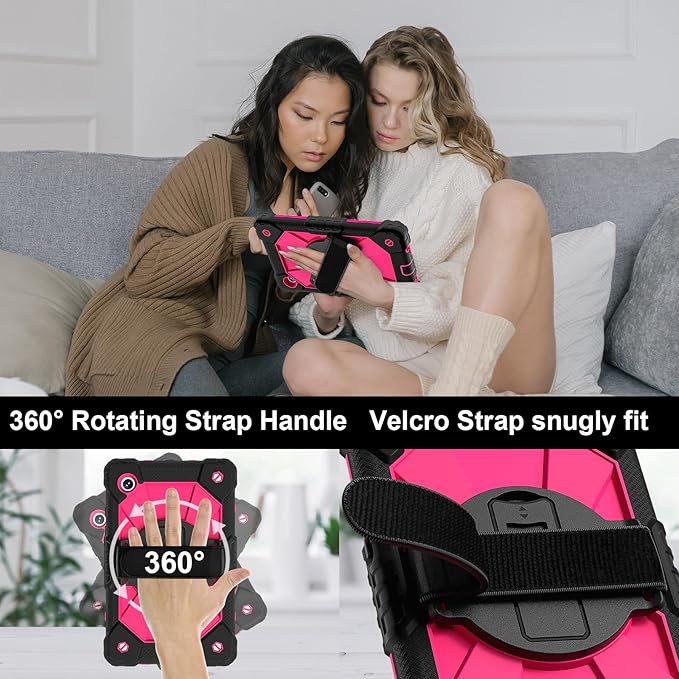 for Samsung Galaxy Tab A9 Case 8.7 inch (SM-X110/X115/X117), Heavy Duty Shockproof Silicone Cover Rugged 360 Stand Hand Shoulder Strap for Galaxy A9 Tablet, Black/Rose Red