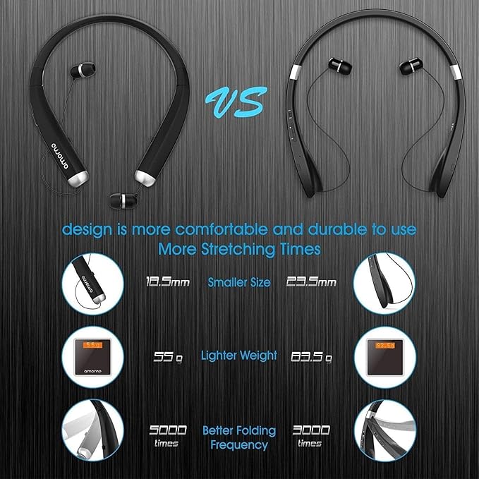 AMORNO Foldable Bluetooth Headphones, Wireless Neckband Sports Headset with Retractable Earbuds, Sweatproof Noise Cancelling Stereo Earphones with Mic