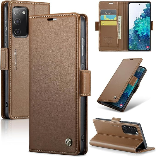 AUPAI for Samsung Galaxy S20 FE Wallet Case with Credit Card Holder, PU Leather RFID Blocking Folio Flip Kickstand Magnetic Clasp Protective Phone Cover for Women Men Brown