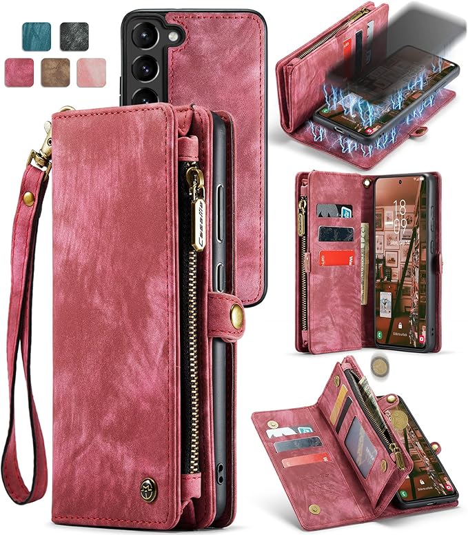 SZHAIYU 2 in 1 Detachable for Samsung Galaxy S23+ / S23 Plus Wallet Case with Card Holder, Retro Premium Flip Leather Cover Magnetic Zipper Pocket Phone Cases 6.6'' (Red,S23+/S23 Plus)