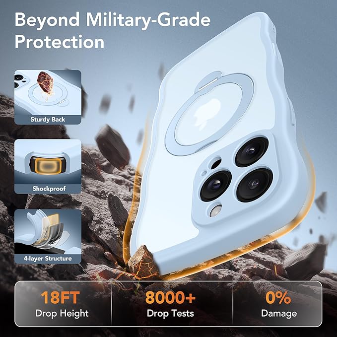 GolbinBox for iPhone 16 Pro Case for Women,[Compatible with Magsafe][360° Spin Magnetic Stand][Cute Wave Edge][Military-Grade Protection] Translucent Matte Phone Case for iPhone 16 Pro, Baby Blue