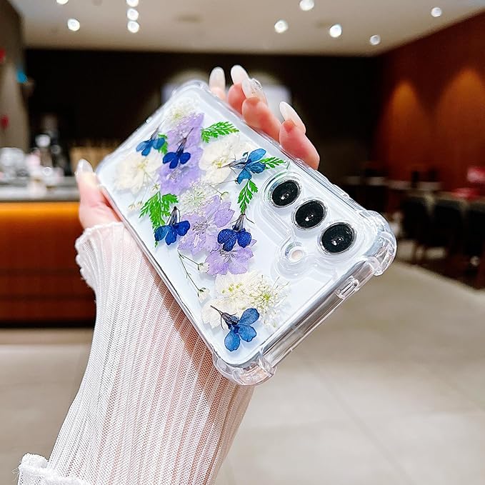 Compatible with Samsung Galaxy S24 Case Cute Pressed Dried Real Flowers Design Women Girly Shockproof Soft TPU Floral Clear Phone Cover for Galaxy S24 (Purple Flower)