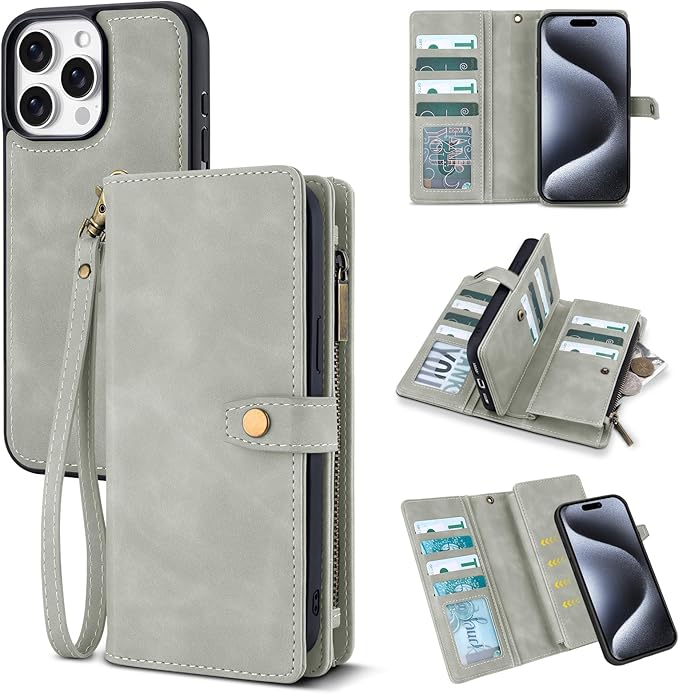 TwoHead Wallet Case Compatible with iPhone 15 Pro Max,Detachable Magnetic Phone Case,All-Round Shockproof Protective Leather Phone Case with Card Holder,6.7 in,Gray