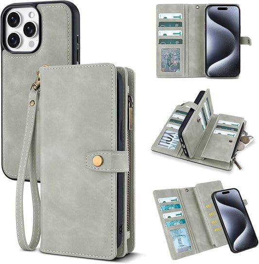 TwoHead Wallet Case Compatible with iPhone 15 Pro,Detachable Magnetic Phone Case,All-Round Protective Leather Phone Case with Card Holder,6.1 in,Gray
