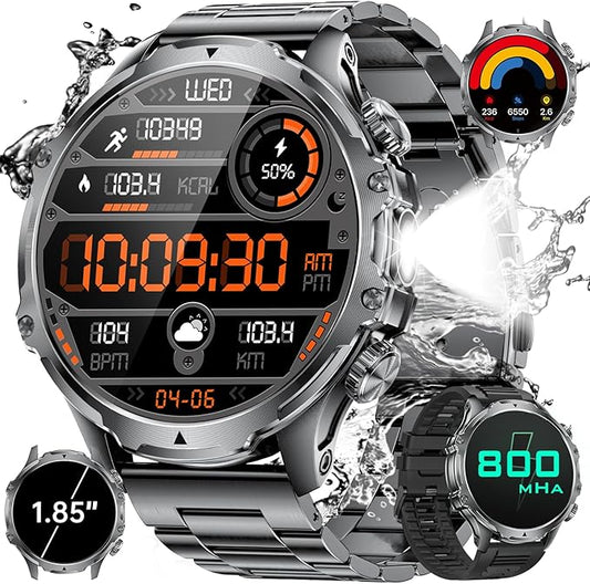 Military Smart Watch for Men, 1.85'' HD Large Screen Smartwatch, Flashlight/IP68 Waterproof/800mAh/Pedometer/100+ Sports Fitness Tracker, Mens Smart Watches for Android iPhone Compatible