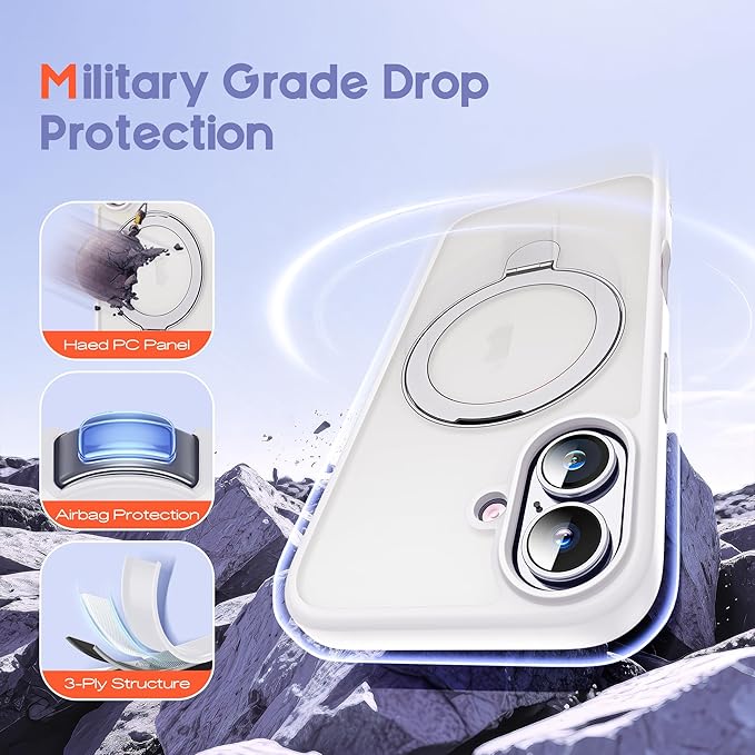 Designed for iPhone 16 Pro Max Case with Magnetic Ring Stand [Compatible with Mag-Safe] [Military Drop Protection] Shockproof Translucent Phone Cover 6.9" for Women Men,White