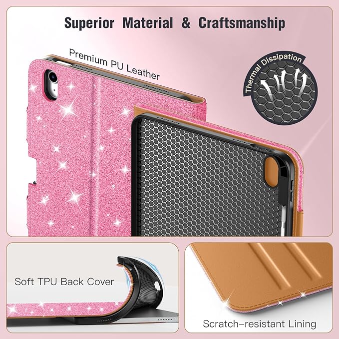 MoKo for iPad (A16) 11th Generation Case 11 inch 2025, iPad 10th Generation Case 10.9" 2022 with Pencil Holder & Pocket, Premium Leather Folio Stand Cover, Multiple Viewing Angles, Shiny Pink