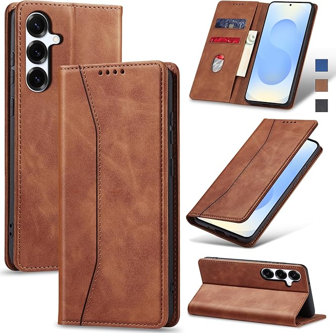 Jasonyu Flip Wallet Case for Samsung Galaxy S25,Leather Magnetic Folio Cover with Card Holder,Kickstand - TPU Shockproof Durable Protective Phone Case,Brown
