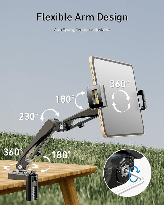 iPad Stand for Desk/Headboard, Tablet Mount with Cable Management, Tablet Holder for Recording/Filming, Black