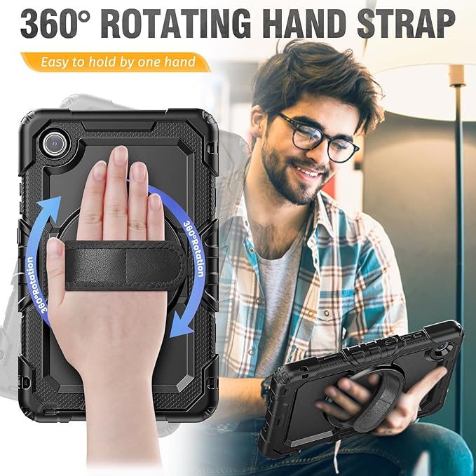 HXCASEAC Case for Lenovo Tab One/Tab K9 2025 (TB-305FU) 8.7 inch, with Screen Protector/Rotating Hand Strap/Sturdy Stand, Protective Cover for Lenovo one Tablet - Black