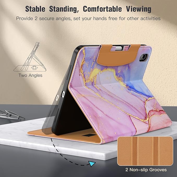MoKo for iPad (A16) 11th Generation Case 11 inch 2025, iPad 10th Generation Case 10.9" 2022 with Pencil Holder & Pocket, Premium Leather Folio Stand Cover, Multiple Viewing Angles, Pink Gold Marble