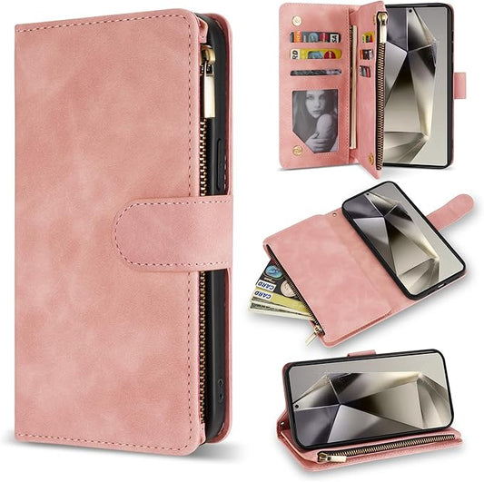 ZZXX for Samsung Galaxy S24 Ultra Wallet Case with RFID Blocking Card Slot PU Leather Zipper Flip Folio with Strap Kickstand Protective Cover for Samsung Galaxy S24 Ultra Case Wallet(Pink-6.8 inch)