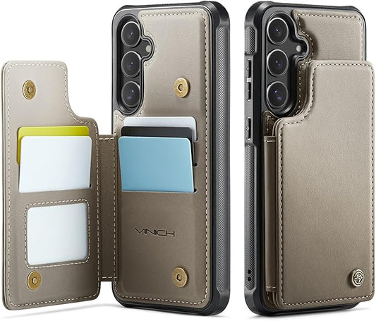 Vinich for Samsung Galaxy S24 FE Wallet Case with Card Holder, RFID Blocking Credit Slots Kickstand Shockproof Phone Cover for Women Men, Gray