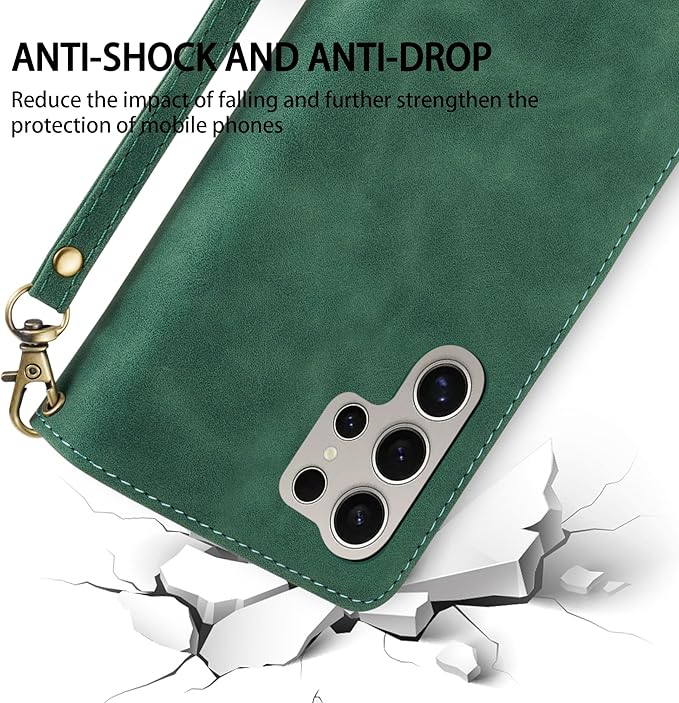 ZZXX for Samsung Galaxy S24 Ultra Wallet Case with RFID Blocking Card Slot PU Leather Zipper Flip Folio with Strap Kickstand Protective Cover for Samsung Galaxy S24 Ultra Case Wallet(Green-6.8 inch)