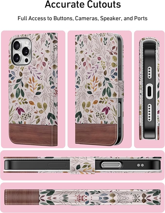 DEENAKIN for iPhone 16 Pro Wallet Case with Card Holder + Cash Clip, RFID-Blocking, Military-Grade Drop Protection, Magnetic Closure with Leather Kickstand - Vibrant Foliage