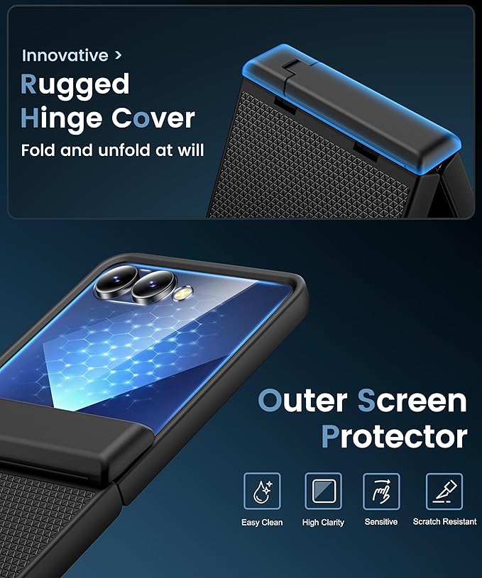 Vihibii for Samsung Galaxy Z Flip 7 Case with Kickstand & Rugged Hinge Protection & Outer Screen Protector & Non-Slip Texture, Shockproof Full Body Cover Case for Samsung Galaxy Z Flip 7 2025, Black