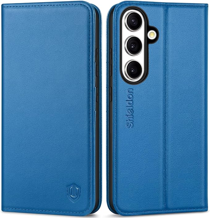 SHIELDON Case for Galaxy S25 6.2", Genuine Leather Wallet RFID Blocking Credit Card Holder Kickstand Magnetic Shock Absorbing Protective Case Compatible with Galaxy S25 2025 - Nappa Sapphire Blue