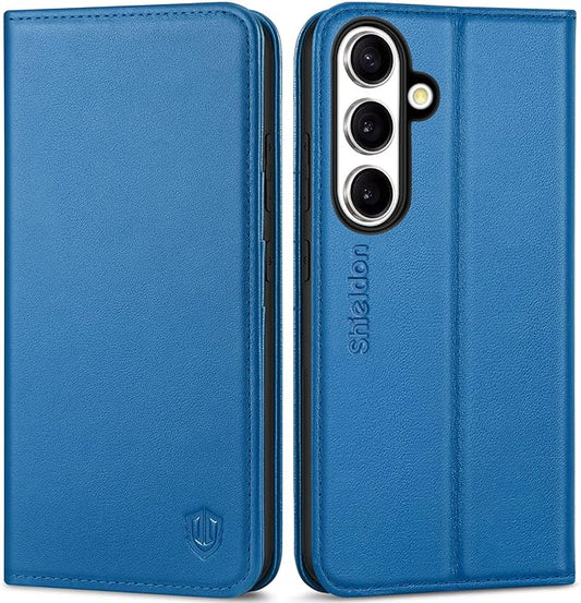 SHIELDON Case for Galaxy S25 6.2", Genuine Leather Wallet RFID Blocking Credit Card Holder Kickstand Magnetic Shock Absorbing Protective Case Compatible with Galaxy S25 2025 - Nappa Sapphire Blue