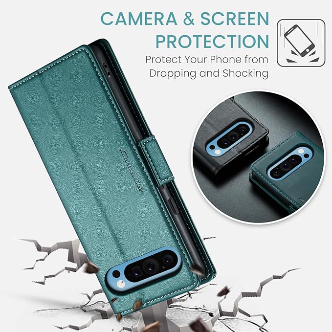 for Google Pixel 9 Pro XL Case, Premium PU Leather Wallet Case Flip Cover with [RFID Blocking][Card Holder][Stand Function] Shockproof Protective for Google 9 Pro XL, Blue-Green