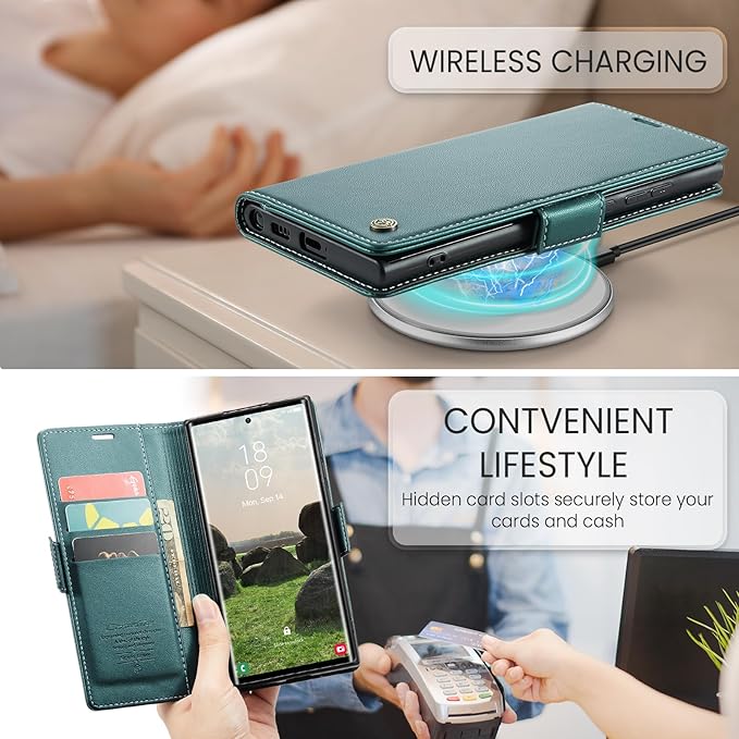 AUPAI for Samsung Galaxy S24 Ultra Wallet Case with Credit Card Holder, PU Leather RFID Blocking Folio Flip Kickstand Magnetic Clasp Protective Phone Cover for Women Men Cyan