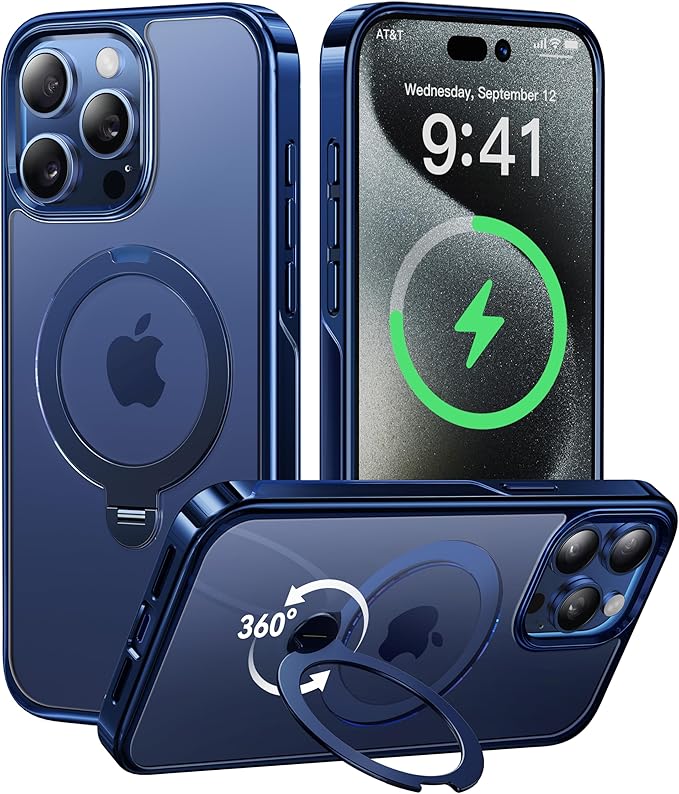 CASEKOO Titanium 360° Rotatable Magnetic Stand for iPhone 15 Pro Max Case [Compatible with Magsafe][16FT Military Protection] Slim 15 Pro Max with Kickstand Ring Phone Cover, Blue
