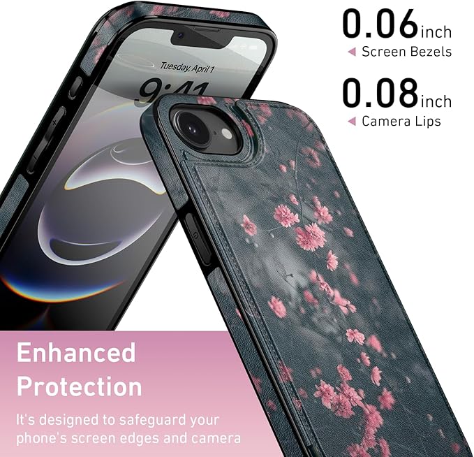 FUNMIKO for iPhone 16e Wallet Case with Card Holder, RFID-Blocking, Military-Grade Protection & UV-Printed Artwork, Magnetic Closure with Leather Kickstand - Mystic Blooming Plum