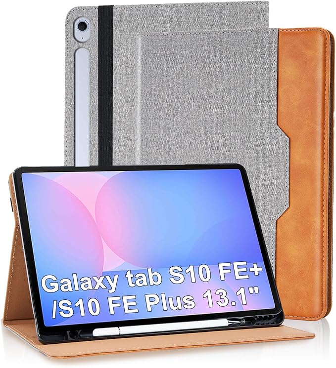 Case for Samsung Galaxy S10 Fe Plus 13.1 inch with S Pen Holder, PU Leather with Hand Strap Folio Flip Cover for Galaxy S10 FE+ with Pockets Auto Sleep/Wake for Man Woman, Grey