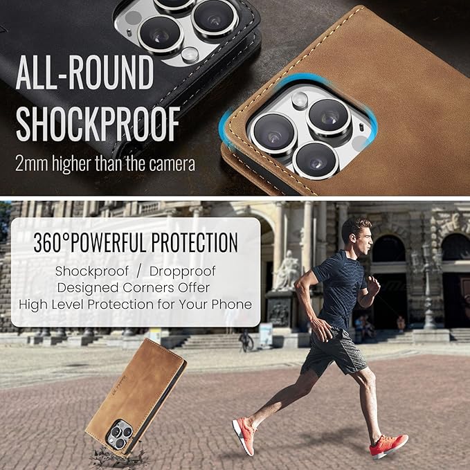 QLTYPRI for iPhone 16 Pro Case Wallet with Card Holder, Vintage PU Leather Kickstand Magnetic Closure Shockproof Folio Book Cover Case for iPhone 16 Pro - Brown