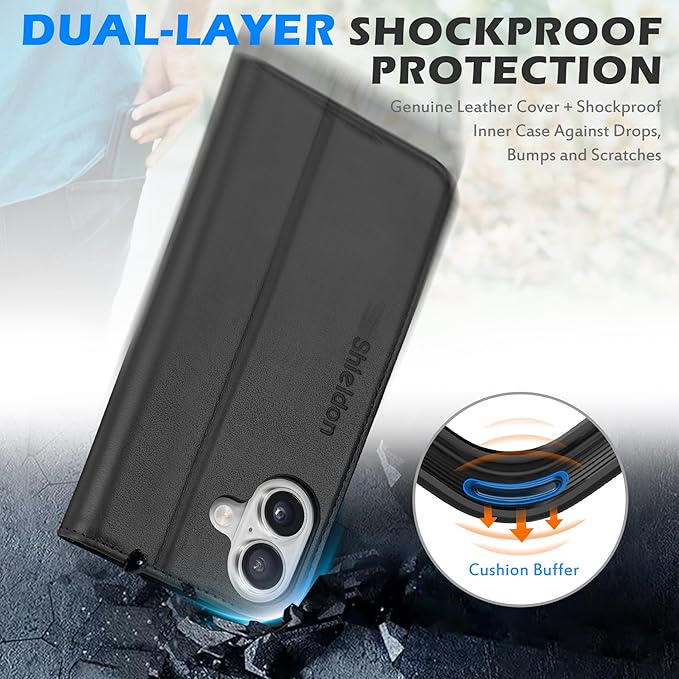 SHIELDON Genuine Leather Wallet Case for iPhone 17 6.3-inch 5G 2025 | Flip Magnetic Cover | Kickstand | RFID Blocking | 3 Credit Card Holder | Shockproof | Soft Inner Phone Case | Black