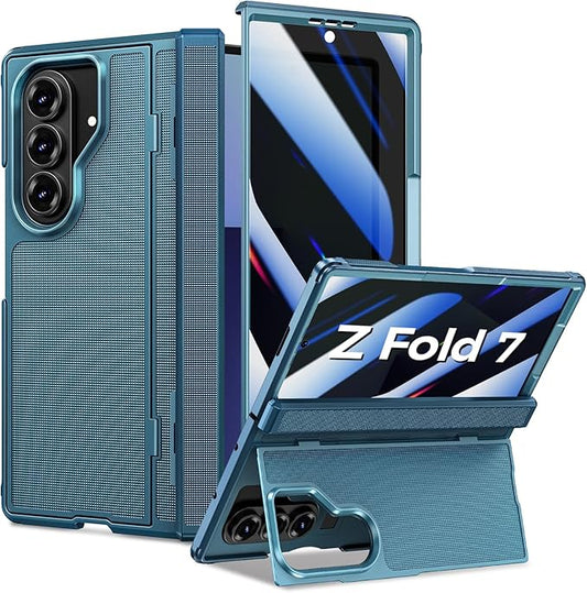 for Samsung Galaxy Z Fold 7 Case with Privacy Screen Protector, Kickstand & Hinge Protection – Rugged Hard 360° Full Body Protective Phone Cover Case for Z Fold 7 5G 2025 - Blue