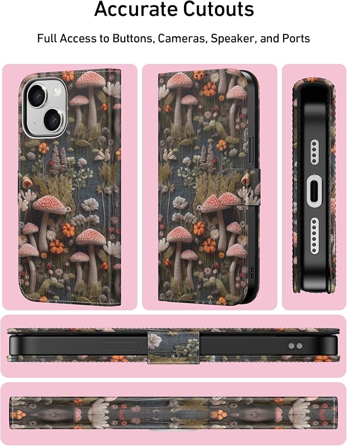 DEENAKIN for iPhone 15 Wallet Case with Card Holder + Cash Clip, RFID-Blocking, Military-Grade Drop Protection, Magnetic Closure with Leather Kickstand - Mushroom Floral