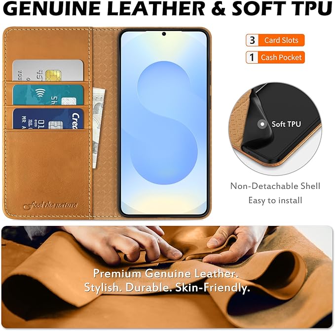 SHIELDON Wallet Case for Galaxy S25 5G, Genuine Leather Wallet Case with RFID Blocking Credit Card Holder Kickstand Magnetic Folio Protective Cover Compatible with Galaxy S25 6.2" - Retro Light Brown