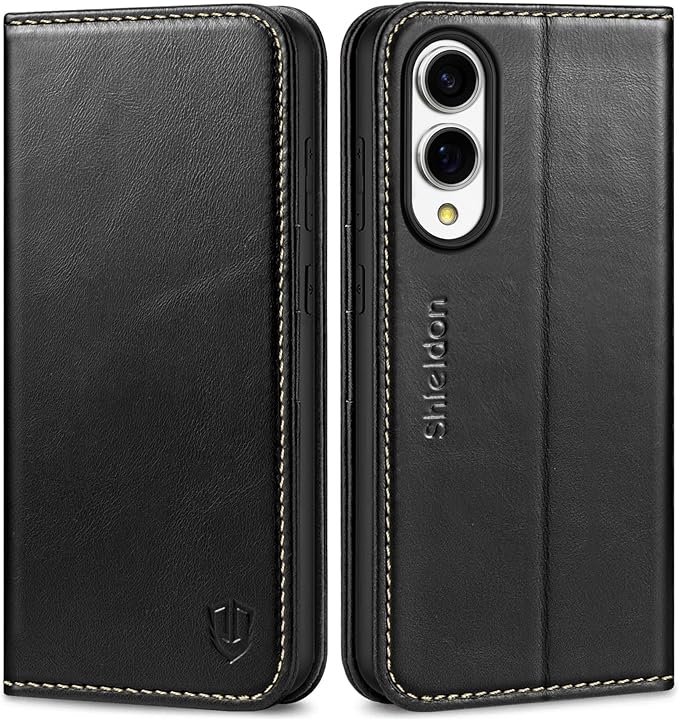 SHIELDON Case for Galaxy S25 Edge 6.7" 2025, Genuine Leather Folio Wallet Case RFID Blocking Card Holder Folio Magnetic Stand Shockproof Protective Cover Compatible with Galaxy S25 Edge - Retro Black
