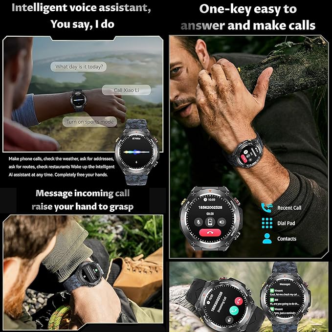 Military GPS Smart Watch: 1.45” IPS Screen, Built-In GPS, Altimeter, Barometer, Compass, Fitness/Wellness Tracker, BT Call, Games, Long Battery Life, 100+ Sports, Waterproof, AI Voice, Android/iOS