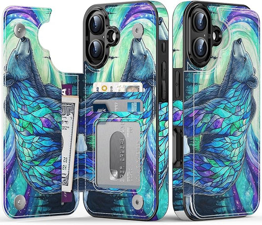 FUNMIKO for iPhone 16 Wallet Case with Card Holder, RFID-Blocking, Military-Grade Protection & UV-Printed Artwork, Magnetic Closure with Leather Kickstand - Prismatic Aurora Bear
