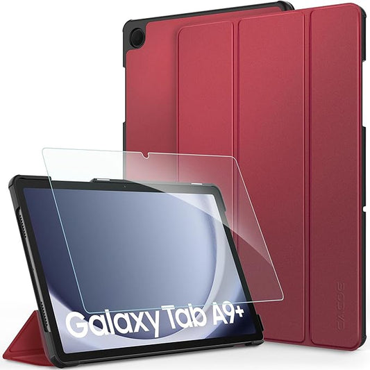 CACOE Case for Samsung Galaxy Tab A9+ Plus 11 Inch 2023 (SM-X210/X216/X218) with Screen Protector, Foldable Stand Slim Protective Case, Auto Screen On/Off, Red Wine