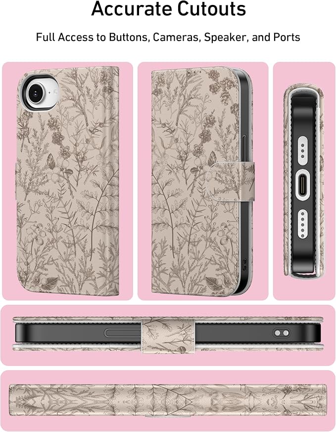 DEENAKIN for iPhone 16e Wallet Case with Card Holder + Cash Clip, RFID-Blocking, Military-Grade Drop Protection, Magnetic Closure with Leather Kickstand - Serene Foliage