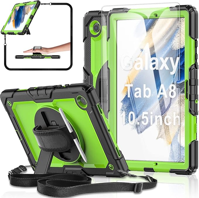 Case for Samsung Galaxy Tab A8 10.5-inch Tablet Case 2022 SM-X200/X205/X207, [with Tempered Glass Screen Protector] Rotating Kickstand/Hand & Shoulder Strap/S Pen Holder (Green)