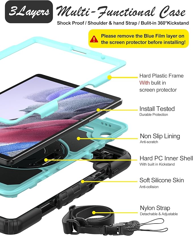 Case for Samsung Galaxy Tab A7 Lite 8.7-inch 2021 (SM-T220/T225), Protective with Screen Protector/Hand Strap/Pen Holder, Sturdy Shockproof for Samsung A7 Lite Tablet Case (SkyBlue)